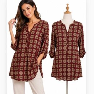 Utsa Blouse Womens Large Red Geometric Print 3/4 Sleeve Viscose Tunic Top